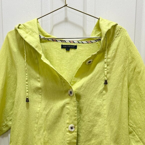 For Cynthia Women’s 100% Linen Tunic Jacket Size L Green Asymmetrical Hooded - Picture 2 of 12
